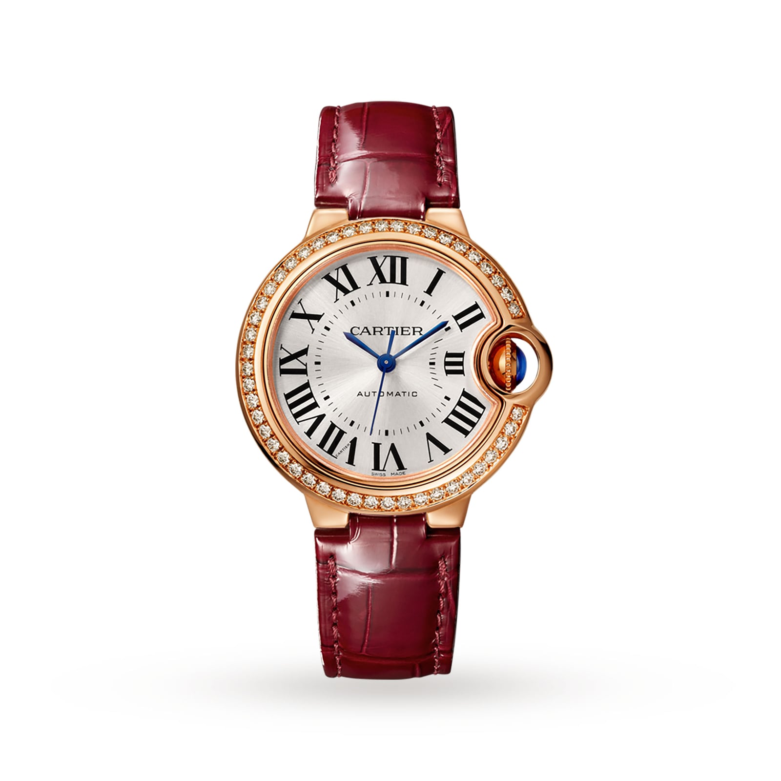 Cartier Ballon Bleu de watch 33 mm pink gold diamonds leather WJBB0033